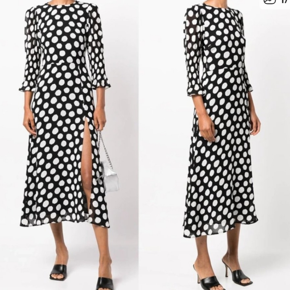 Reformation Carolena Midi Dress Luna Polka Dot Size 8 Puff Shoulder 3/4 Sleeve - Picture 2 of 13
